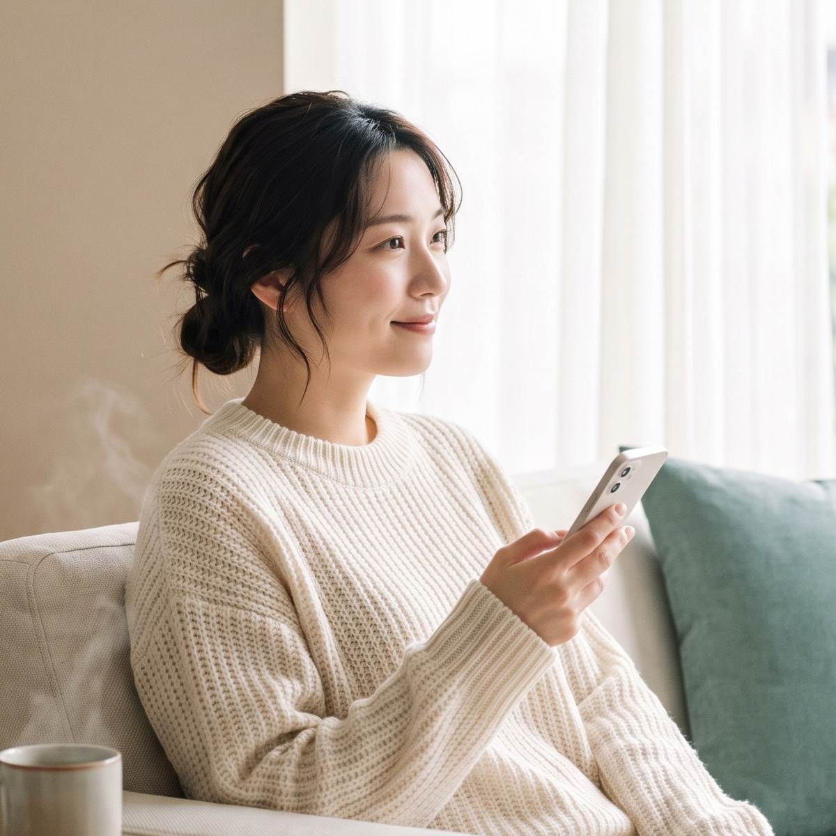 自宅のソファでスマートフォンを片手にくつろぐ20代女性